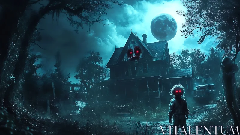 Eerie moonlit farmhouse watched by glowing red eyes.