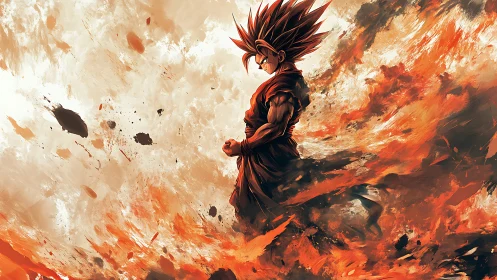 Saiyan warrior channels blazing energy in fiery storm