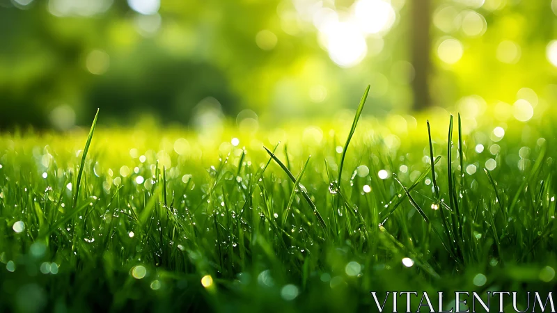 Close-up view of wet grass blades in soft morning light.