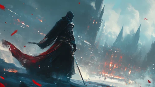 Hooded swordsman observes burning gothic city skyline