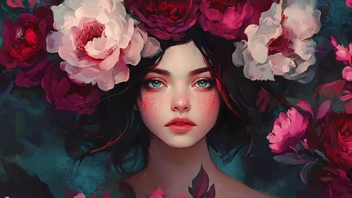 Female portrait framed by large red and pink flowers