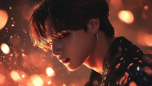 Incandescent portrait with volumetric bokeh and rim-lit profile.