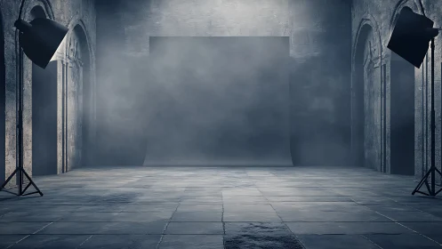 Empty stone studio set with fog and two softbox lights.