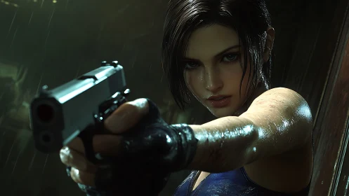 Wet armed woman points handgun directly at the viewer