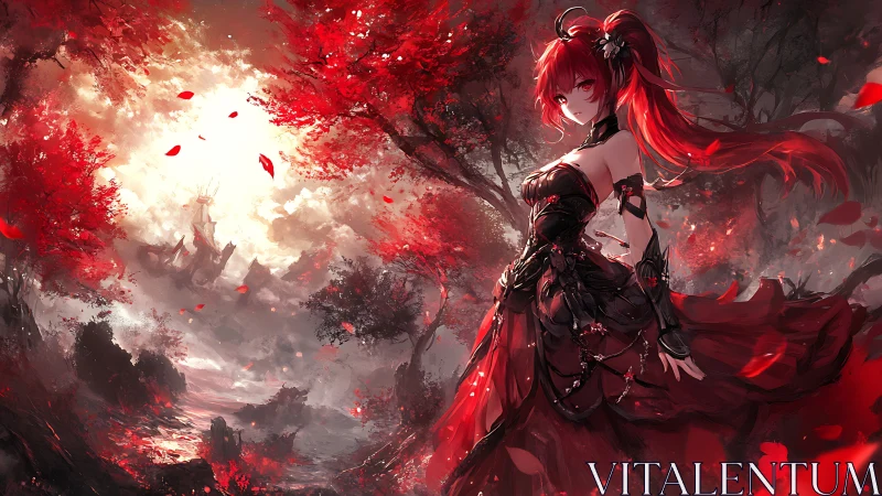 Red-haired warrior in crimson forest under dramatic backlight