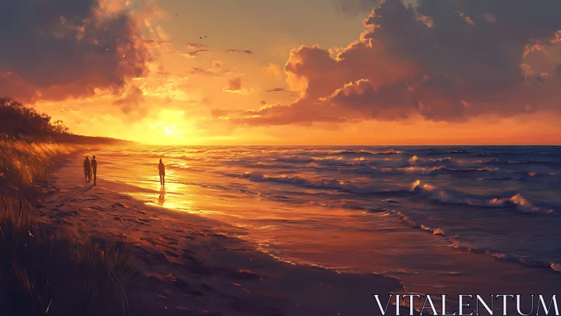 Sunset light over waves and distant beach walkers.