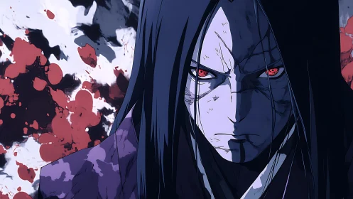Anime character with red eyes stares forward against splatter backdrop