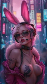 Pink haired cyber bunny girl in neon city street at night.