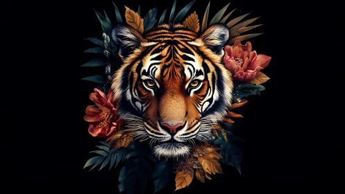 Tiger’s intense gaze merges with lush tropical florals.