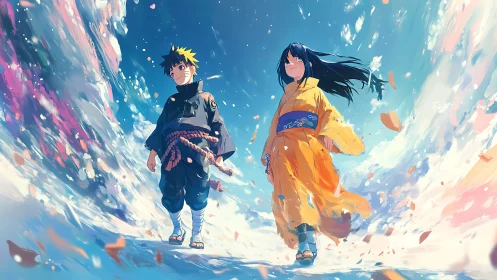 Two wind-walkers cross a sky-swept path of swirling petals