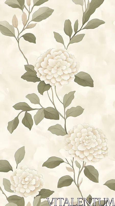 White Dahlias with Sage Foliage on Cream Background.
