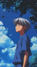 Side-profile anime boy stands under trees against blue sky