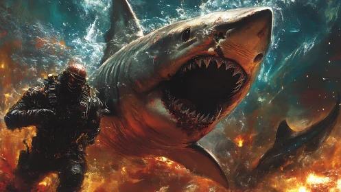 Armored diver and attacking shark in fiery underwater scene.