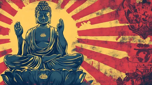 Buddha figure on lotus with radial red and yellow backdrop.