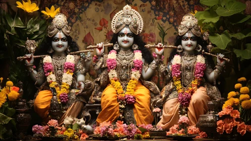 Symmetrical triad of garlanded Hindu deities in ornate silver regalia