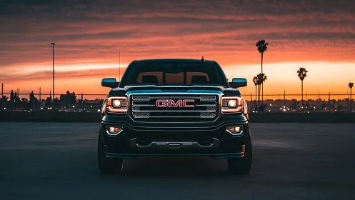 GMC pickup truck stands bold against vivid sunset skyline