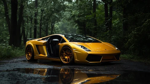 Golden supercar resting quietly on a rain-kissed forest road.