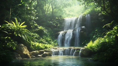 Sunlit forest waterfall flows gently into a quiet lagoon
