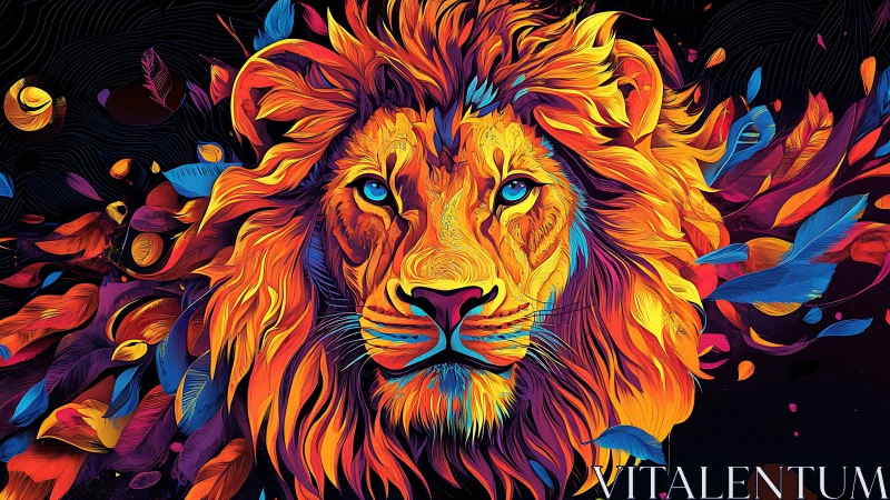 Vibrant multicolor lion portrait on dark abstract background.