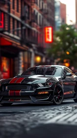 Photorealistic muscle car close-up in urban street perspective.