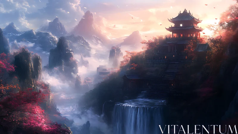 Sunlit mountain temple overlooks cascading waterfall at dusk