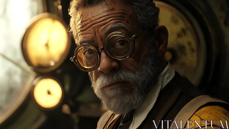 Elderly man with round goggles is viewed in warm side light