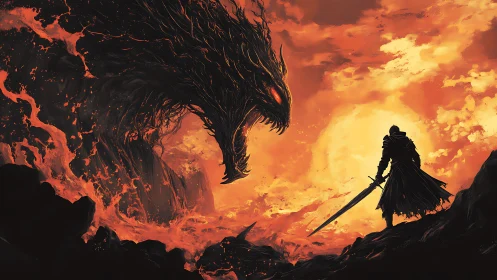 Lone warrior confronts molten-shadow dragon in fiery dusk.