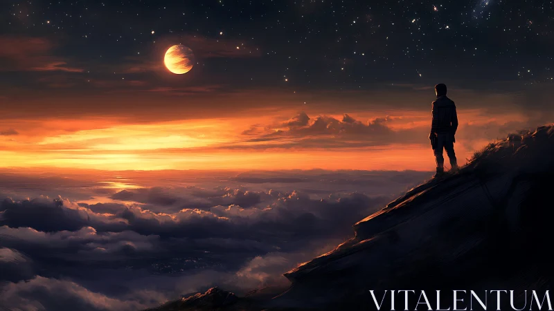 Silhouetted figure observes glowing planet over cloud horizon