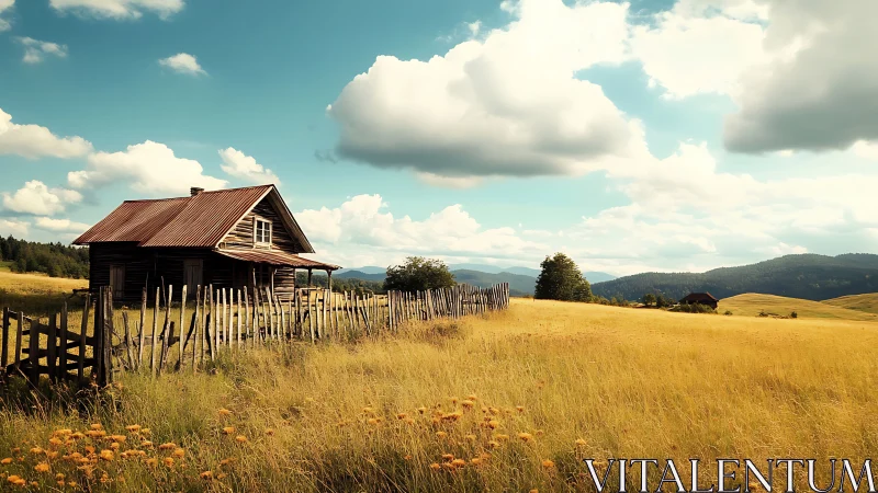 Rustic wooden cabin rests in wide golden summer meadow.
