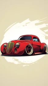 Low-slung red coupe illustration with retro custom styling.