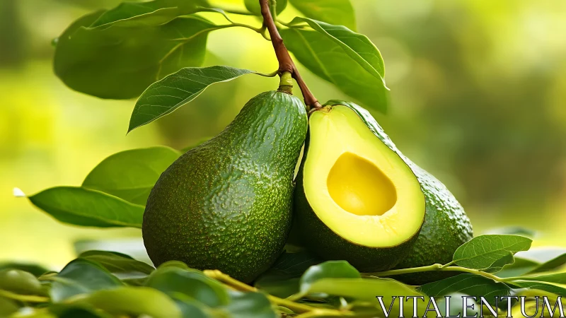 Ripe avocado pair with cut section under diffuse natural lighting