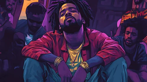 Neon stoop kings in violet dusk, crowned with quiet gold.