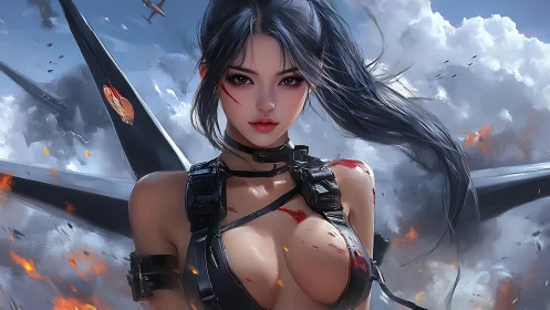 Battle worn pilot stands before burning aircraft wreckage