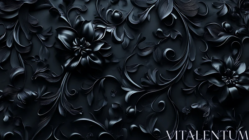 Dark floral relief pattern with glossy sculpted petals.