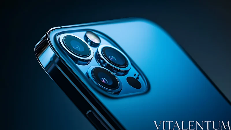 Blue smartphone rear camera close-up in studio lighting.