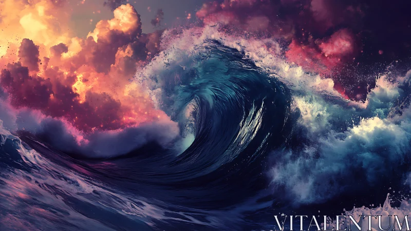 Cosmic storm wave curls beneath blazing nebula sky