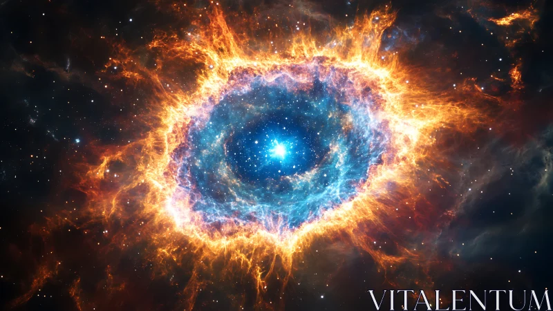 Fiery cosmic nebula ring around bright blue star in space.