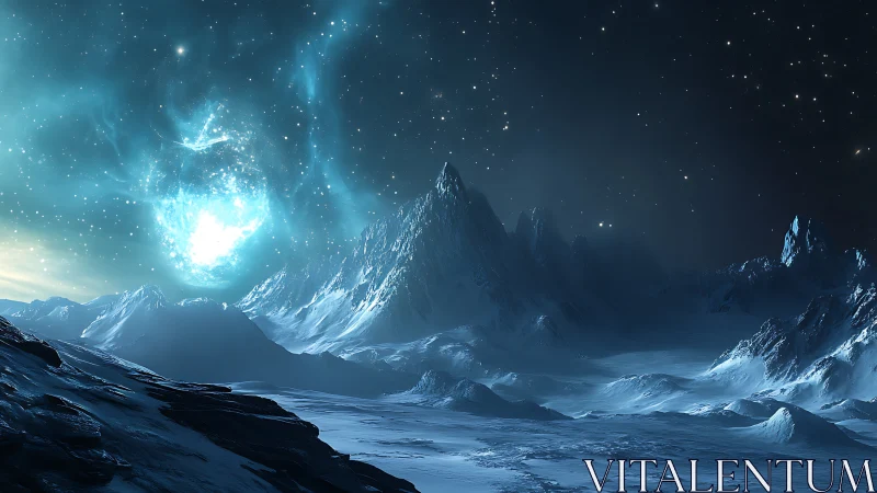 Frozen alien landscape under bright cosmic anomaly.