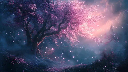 Enchanted pink blossom tree under soft ethereal twilight.