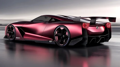 Gleaming crimson supercar gliding across a misty horizon.