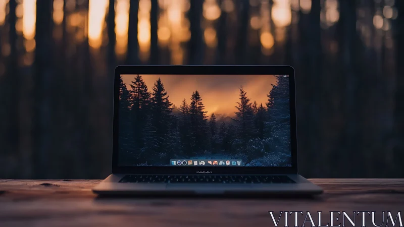 Laptop on wooden table frames winter forest sunset glow.