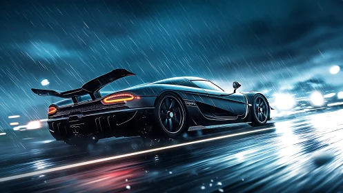 Hypercar slices through neon rain on a slick city roadway.