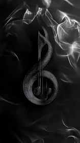 Monochrome musical note emblem on swirling smoke backdrop.