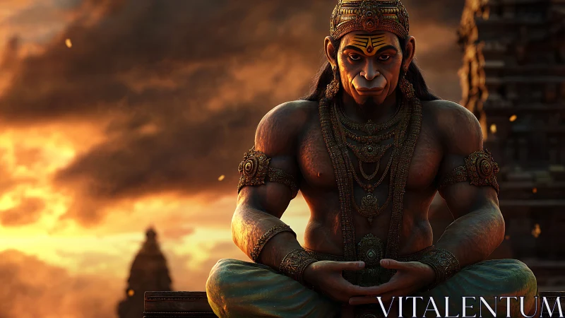 Divine warrior deity in meditative pose under dramatic sunset lighting