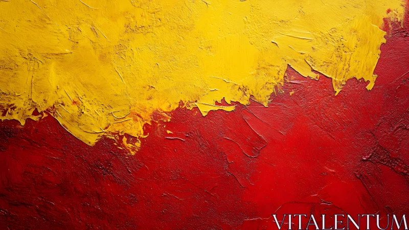 Bold abstract painting with vibrant yellow and red textured layers.