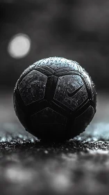 Low-key wet soccer ball on textured ground with shallow depth
