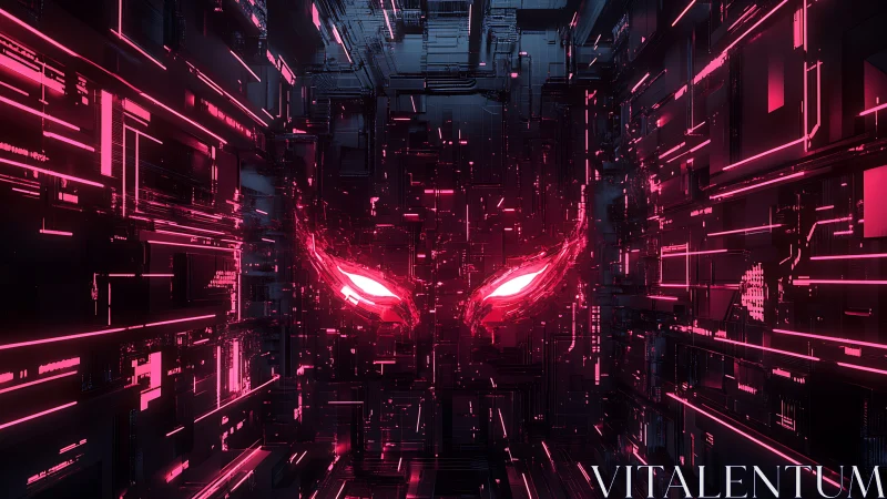 Hostile neural mainframe with emergent predatory gaze.