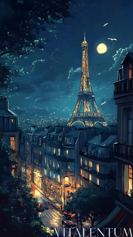 Moonlit Paris avenue dreams beneath a glowing tower.