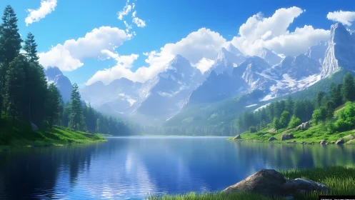 Mountain lake with pine forest under clear blue sky.
