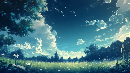 Summer meadow under expansive luminous azure sky.